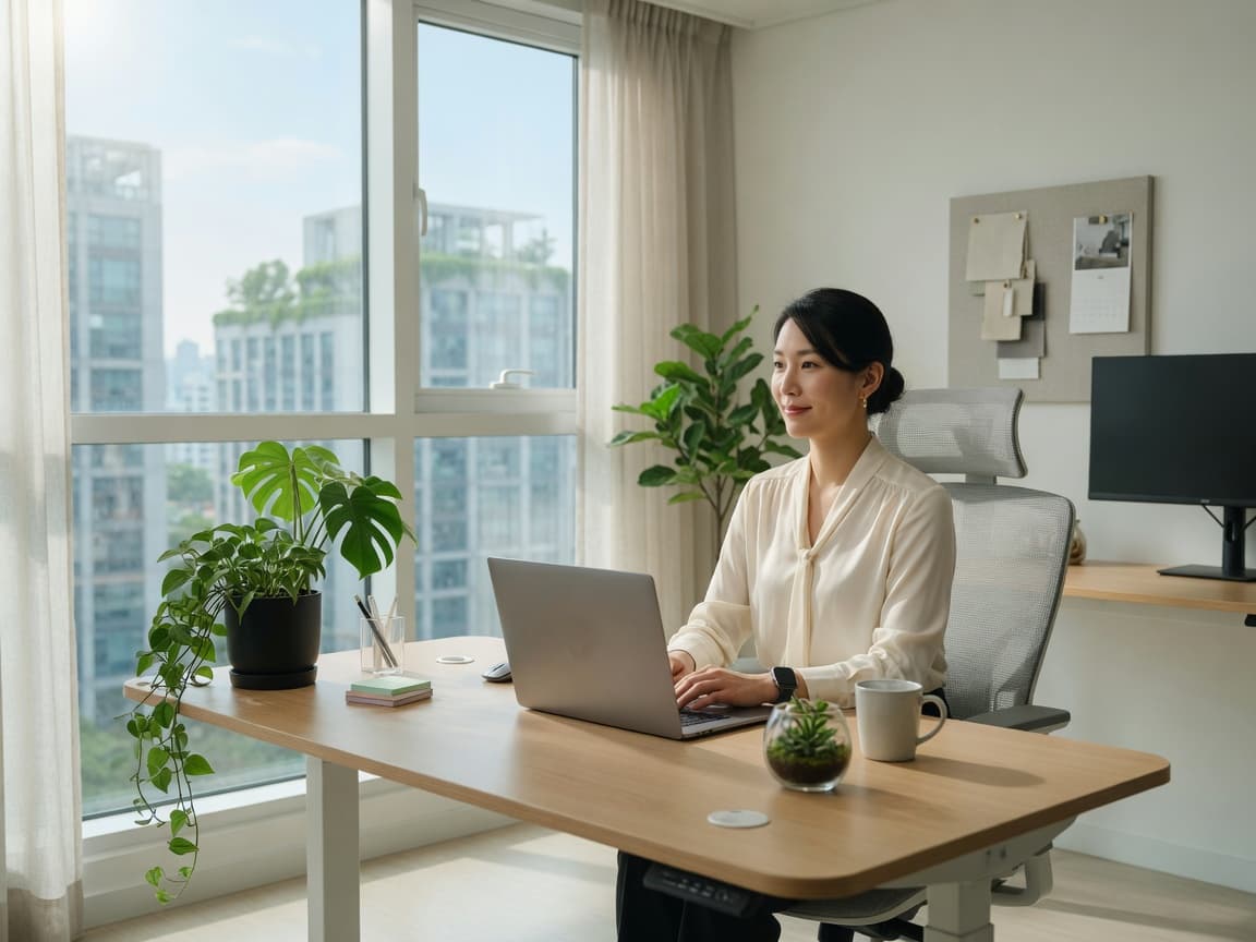 Không gian làm việc công thái học gần cửa sổ