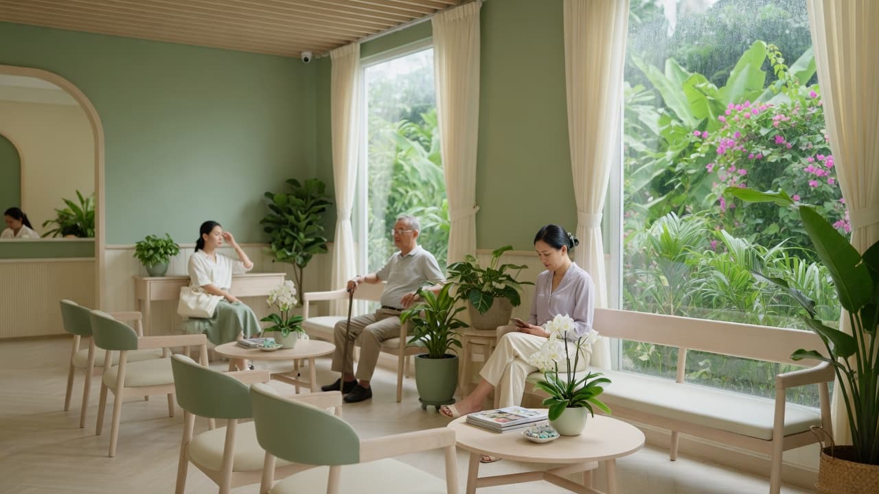 Phòng chờ sáng sủa của phòng khám với cây xanh